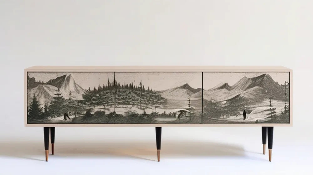 Szafka RTV retro 180 × 40 × 70 cm z 3 drzwiami, jasne drewno/czarny/szary/miedziany