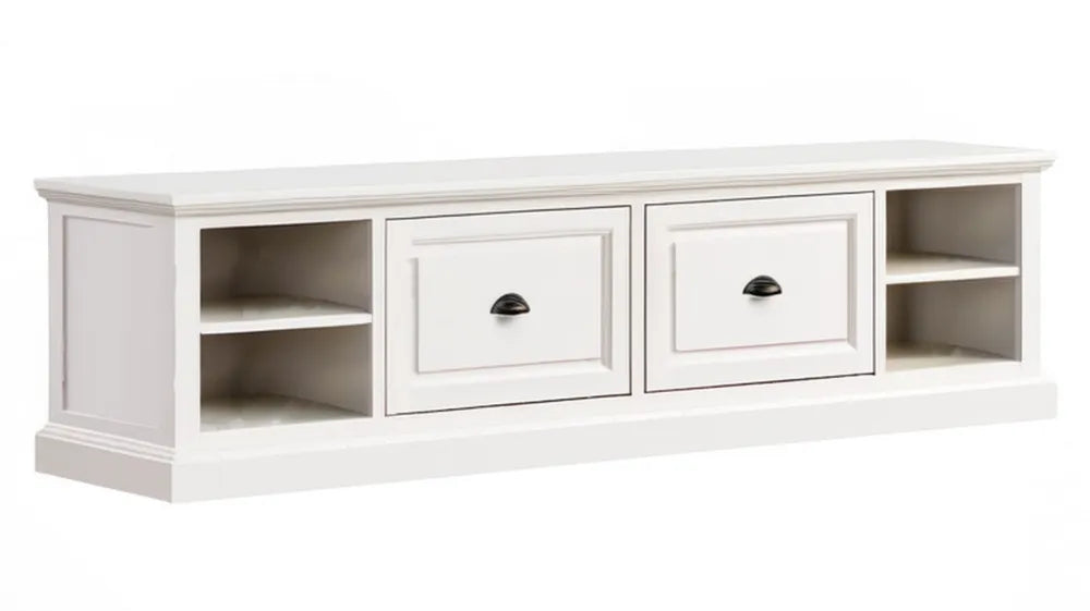 Biała szafka RTV 180 x 45 x 50 cm z 2 szufladami i 4 otwartymi półkami