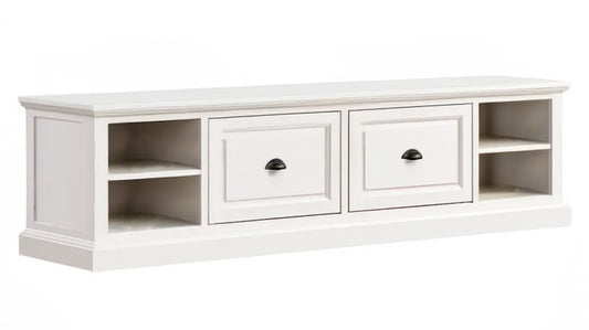 Biała szafka RTV 180 x 45 x 50 cm z 2 szufladami i 4 otwartymi półkami