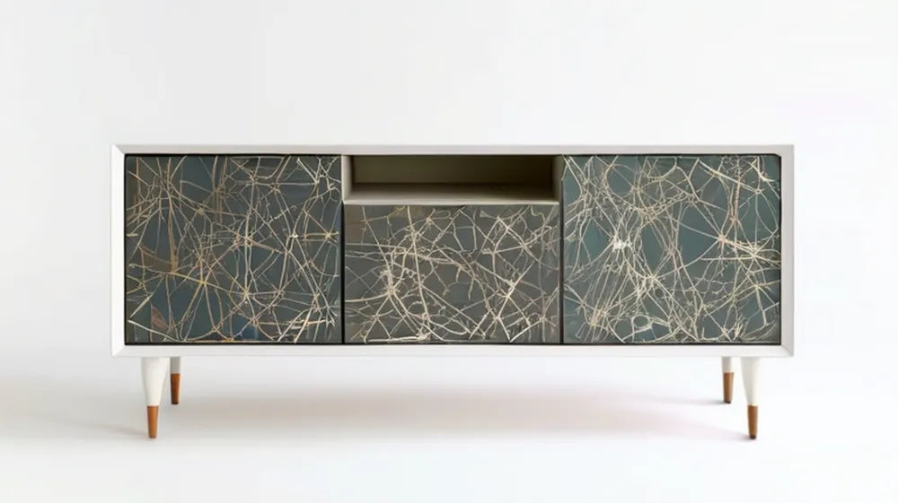 Komoda RTV z MDF 160 x 40 x 70 cm, biało-ciemnozielona ze złotym wzorem