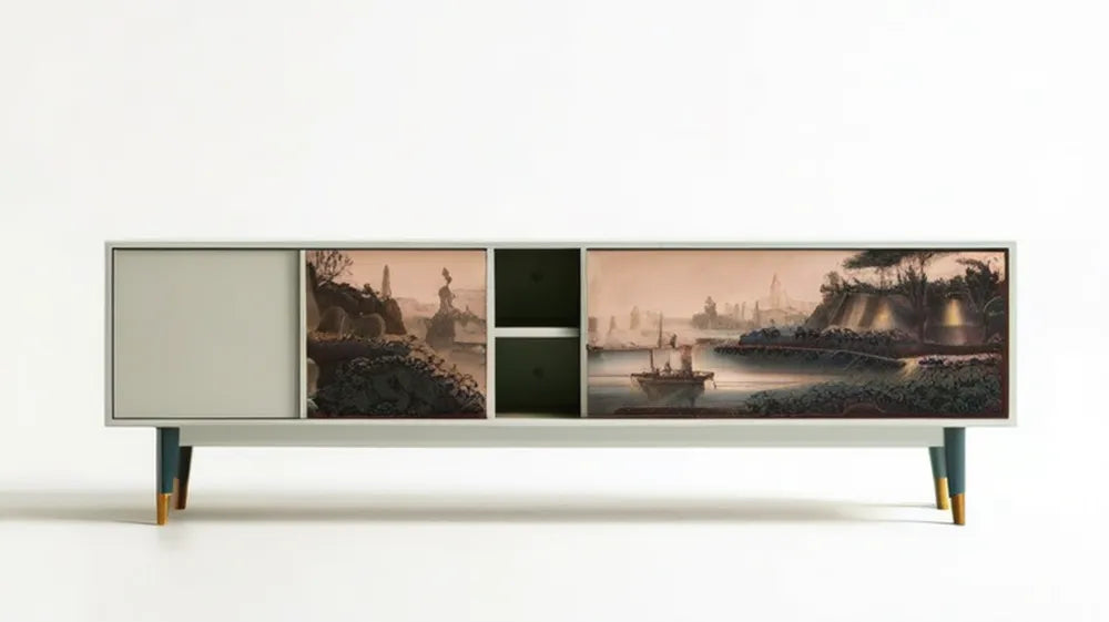 Kremowa szafka RTV z nadrukiem pejzażowym, ciemnozielonymi nogami i złotymi zakończeniami, 180 x 40 x 55 cm