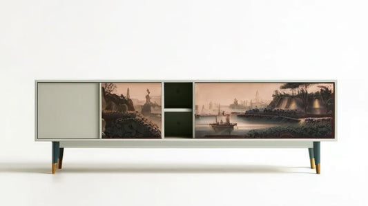 Kremowa szafka RTV z nadrukiem pejzażowym, ciemnozielonymi nogami i złotymi zakończeniami, 180 x 40 x 55 cm