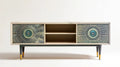 Szafka RTV retro z MDF, beżowo-czarna ze złotymi detalami, 160 x 40 x 75 cm