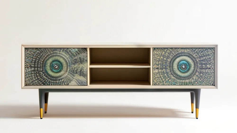 Szafka RTV retro z MDF, beżowo-czarna ze złotymi detalami, 160 x 40 x 75 cm