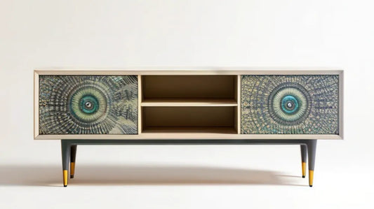 Szafka RTV retro z MDF, beżowo-czarna ze złotymi detalami, 160 x 40 x 75 cm