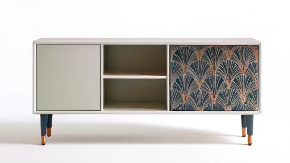 Szafka RTV z płyty MDF biało-jasnoszaro-granatowa z wzorem, 120 x 40 x 60 cm