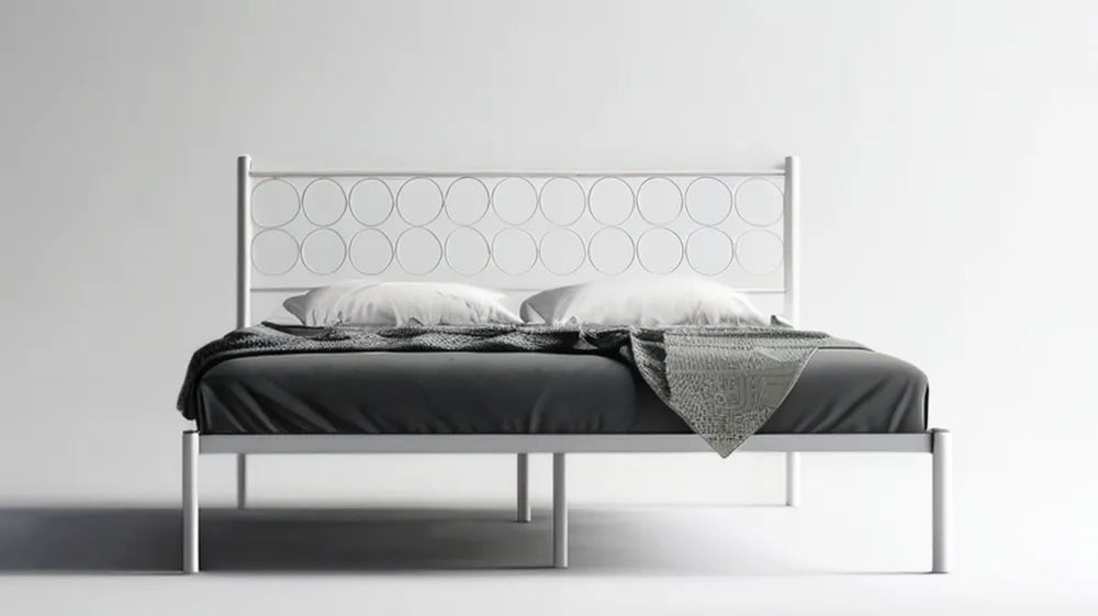 Biała stalowa rama łóżka dwuosobowego 160 x 200 cm z dekoracyjnym zagłówkiem