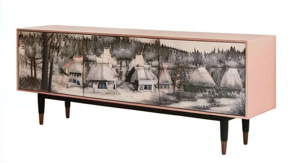 Różowa szafka RTV z dekoracyjnym nadrukiem retro, 180 x 40 x 75 cm