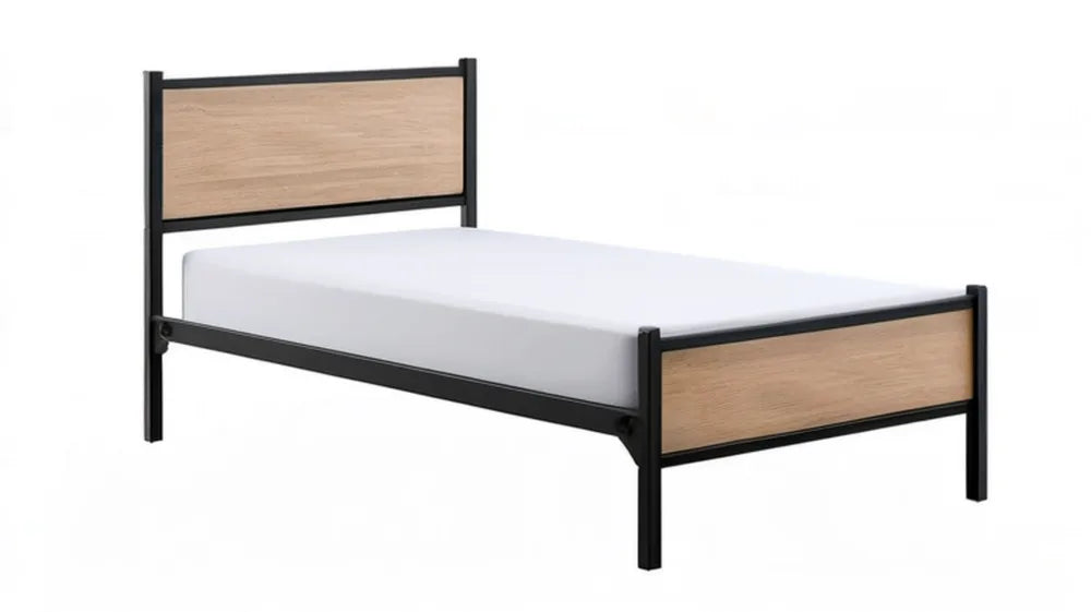 Łóżko jednoosobowe stalowe z panelami MDF w dekorze dębu 90 x 200 cm Czarne/Dąb