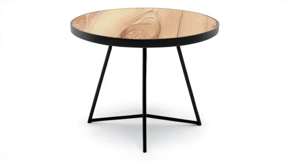 Okrągły stolik boczny z blatem MDF w dekorze jasnego drewna i czarną stalową podstawą, 60 x 45 cm