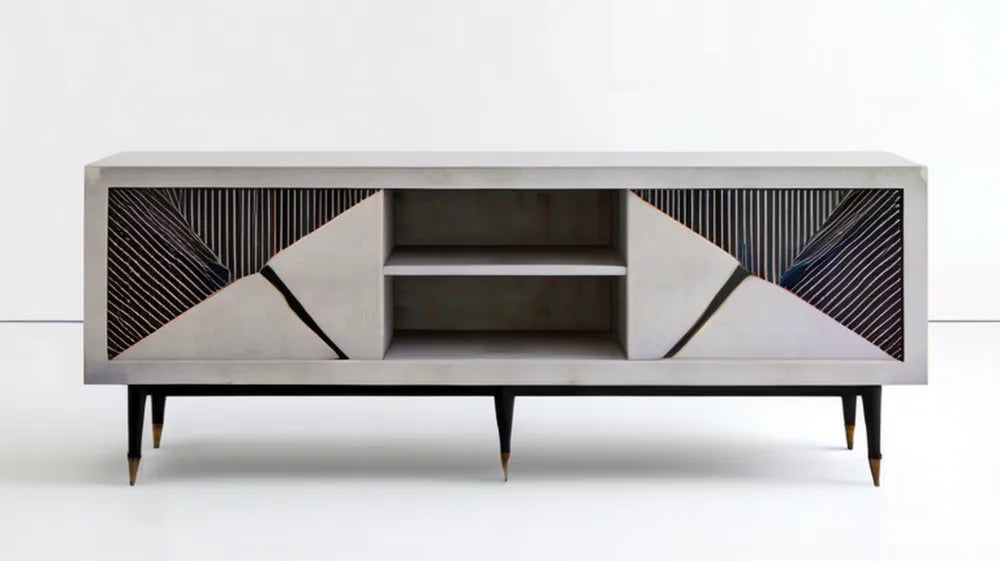 Szafka RTV z płyty MDF biało-czarna ze złotymi akcentami 160 x 40 x 60 cm