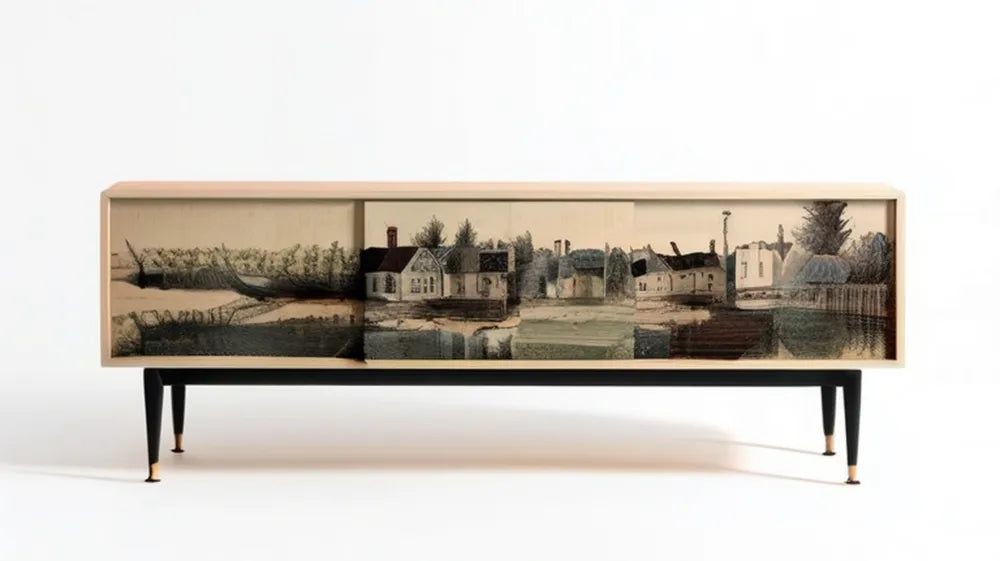 Dwudrzwiowa szafka RTV z pejzażowym nadrukiem, naturalny dąb, 180 x 40 x 75 cm