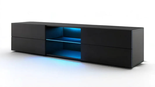 Czarna szafka RTV 180 x 40 x 45 cm z niebieskim oświetleniem LED