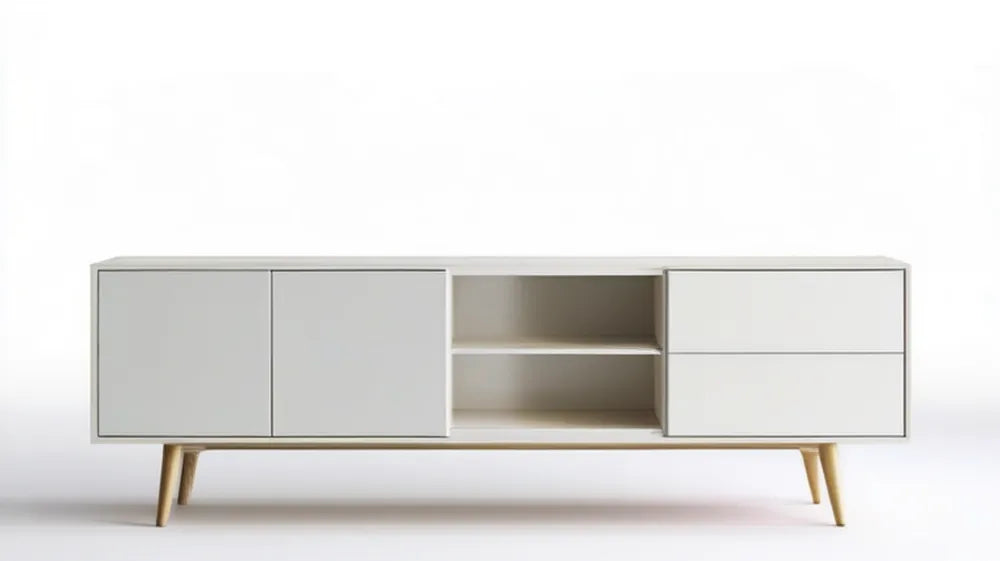 Biała szafka RTV w stylu skandynawskim, 180 × 40 × 50 cm, 2 drzwi, 2 szuflady