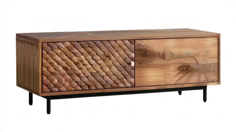 Brązowa szafka RTV z litego drewna mango i plecionką hiacyntową 160 x 40 x 55 cm