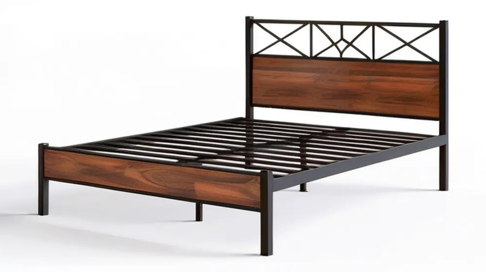 Łóżko dwuosobowe stalowe z panelami MDF w kolorze orzechowym, 160 x 200 cm, czarne