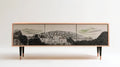 Prostokątna szafka RTV retro z nadrukiem krajobrazu, kremowa/czarna/szara, 180 x 40 x 55 cm