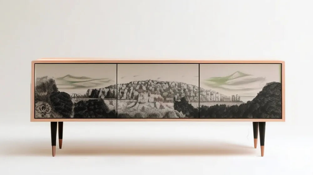 Prostokątna szafka RTV retro z nadrukiem krajobrazu, kremowa/czarna/szara, 180 x 40 x 55 cm