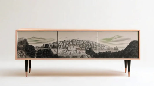 Prostokątna szafka RTV retro z nadrukiem krajobrazu, kremowa/czarna/szara, 180 x 40 x 55 cm